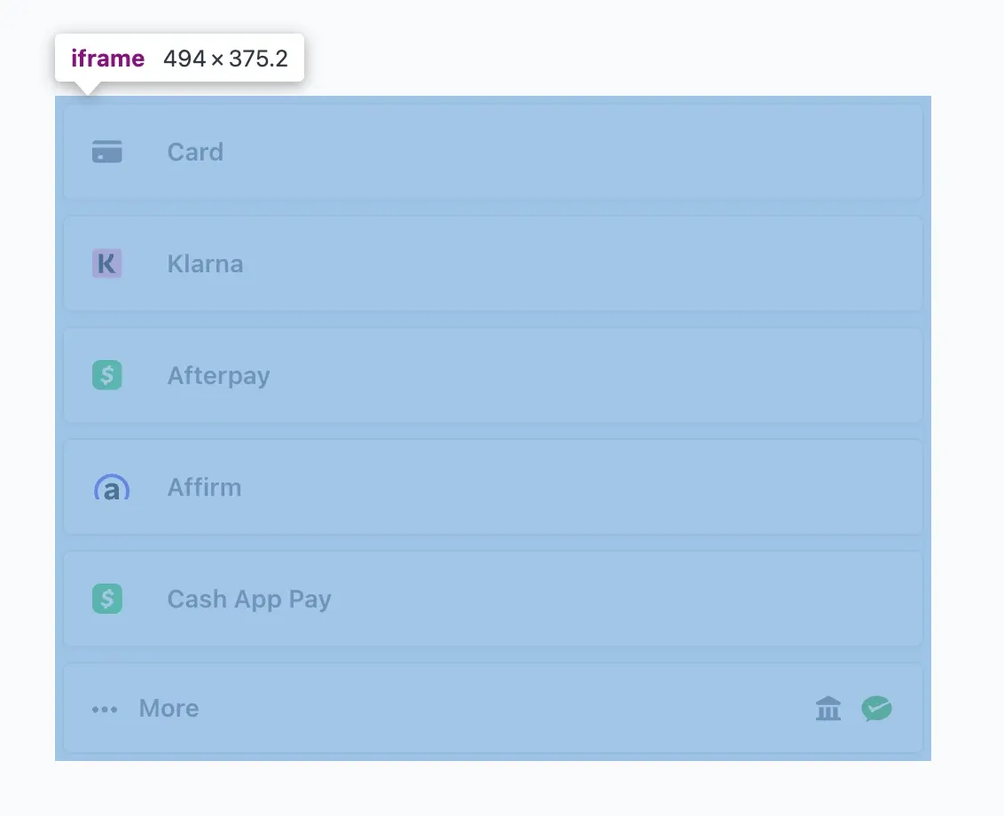Stripe 결제 화면의 결제수단 목록 위에 DevTools 하이라이트가 겹쳐진 스크린샷. Card, Klarna, Afterpay, Affirm, Cash App Pay, More가 나열된 영역 전체가 494 × 375.2 크기의 iframe 하나로 잡혀 있다