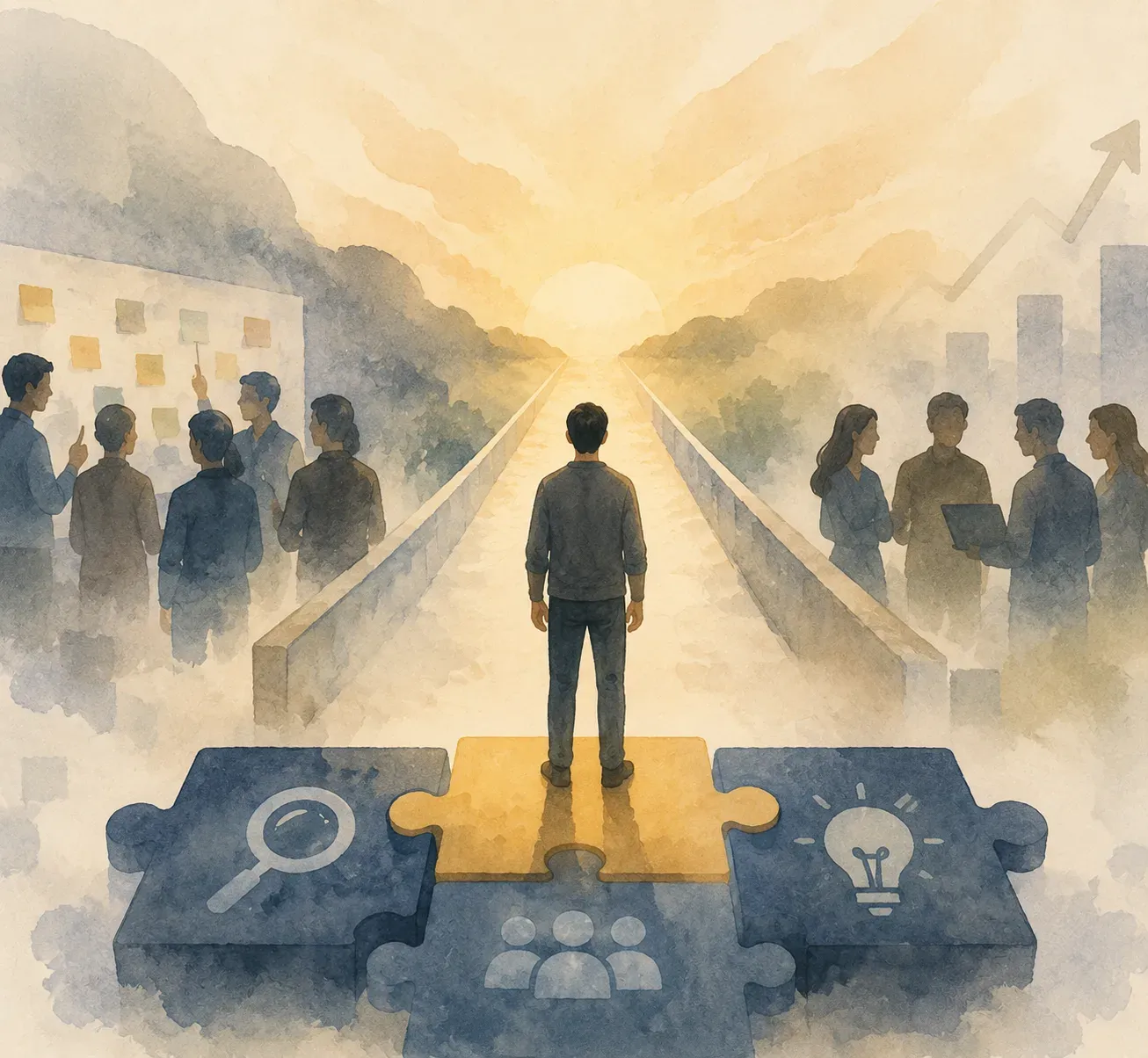이해하고 함께하고 시도할 수 있는 자리를 찾는다 뒷모습으로 선 사람이 돋보기·사람들·전구 아이콘이 새겨진 세 퍼즐 조각 위에 서서, 갈림길 끝의 밝은 지평선을 바라보는 수채화 그림. 왼쪽에는 화이트보드에 포스트잇을 붙이며 논의하는 사람들이, 오른쪽에는 상승 그래프를 배경으로 이야기하는 사람들이 있다