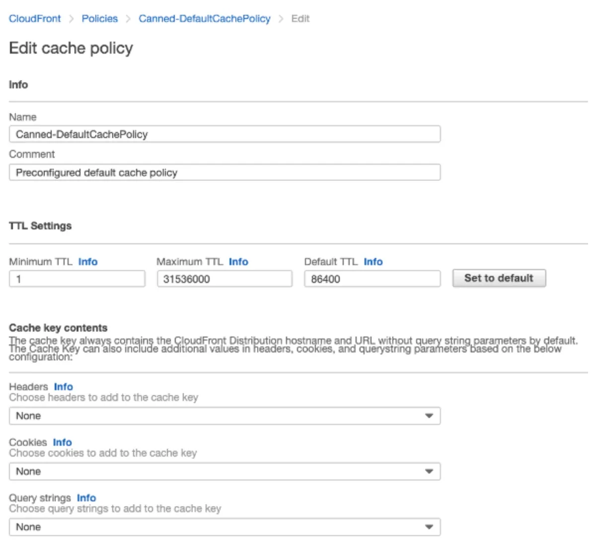 CloudFront 콘솔의 Edit cache policy 화면 캡처. Cache key contents 항목의 Headers·Cookies·Query strings가 모두 None으로 설정돼 있어, 오리진이 무엇을 응답하든 폰트 배율은 캐시 키에 들어가지 않는다