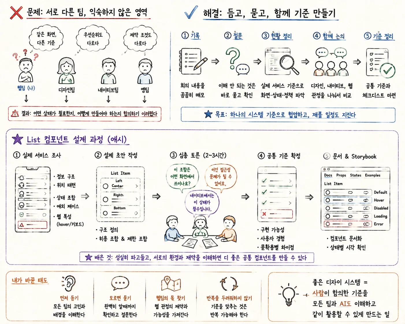 글 전체를 손그림 스타일로 요약한 인포그래픽. 위쪽은 팀마다 기준이 달랐던 문제와 기록·질문·현황 정리·함께 논의·기준 정리의 5단계 해결 흐름을, 가운데는 실제 서비스 조사부터 문서와 Storybook까지 이어지는 List 컴포넌트 설계 과정을, 아래쪽은 먼저 듣기·모르면 묻기 같은 바뀐 태도를 정리해 놓았다