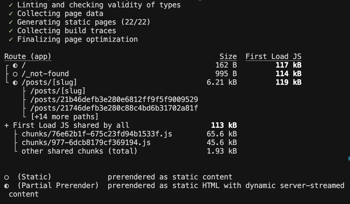 PPR을 켠 next build 출력. 라우트별 크기와 First Load JS, Partial Prerender 표시가 보인다