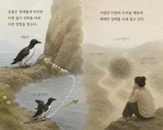 장애물을 만나면 곧바로 다른 길을 찾는 새와, 미련과 두려움 때문에 애매한 상태를 오래 끌고 가는 사람을 나란히 그린 삽화